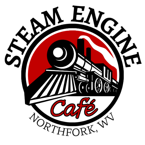 Logo for Steam Engine Café in Northfork WV featuring a stylized black steam locomotive inside a red circle with bold curved text
