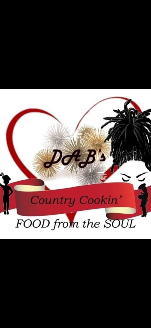 Logo for Pol Bs Country Cookin soul food restaurant featuring a red heart fireworks and a red ribbon with the words Country Cookin and Food from the Soul